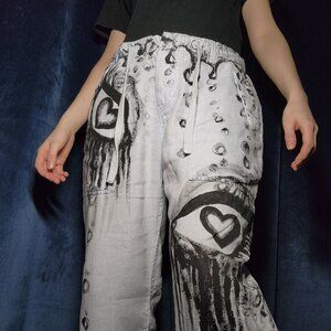 Crazy In Love heart eyes design hand-painted baby blue 100%  linen cargo pants
